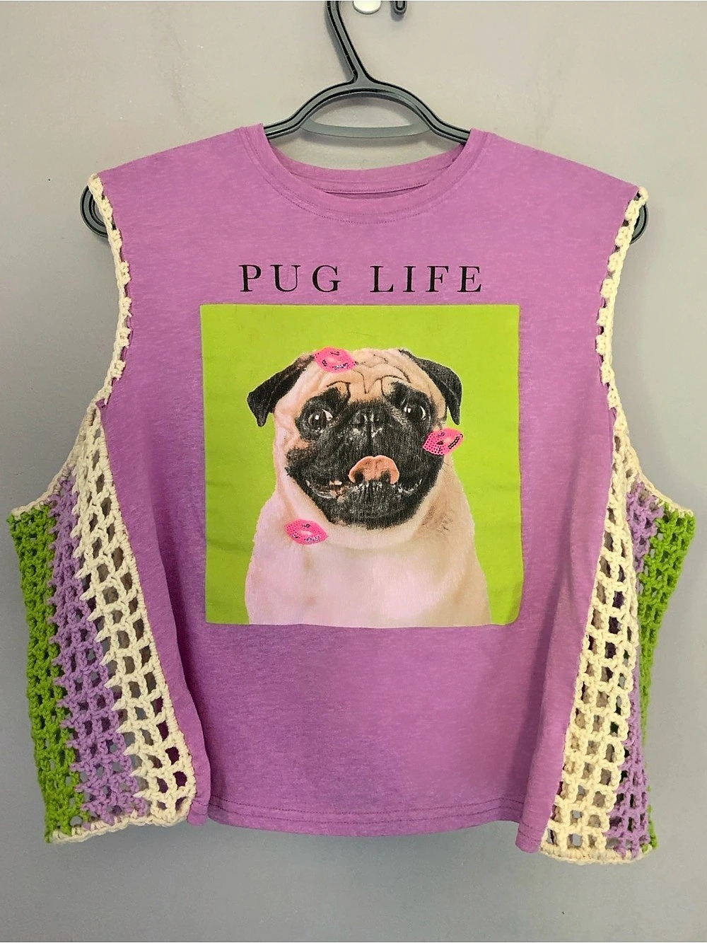 Upcycled Pug Life Graphic Shirt With Crochet Mesh Panels